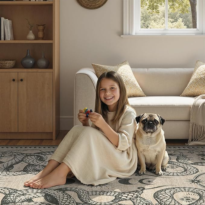 DCX Washable 2x6 Snake Runner Rug, Beige Gothic Rug for Living Room, Soft Low Pile Carpet, Kid & Pet Friendly with Rubber Back Non Slip, Stain Resistant Rug for Bedroom Dining Room Office