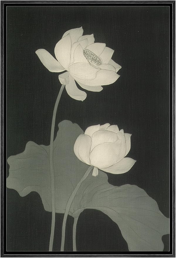 Woodrose Framed Canvas Print Wall Art Monochrome Lotus Blossoms Elegant Nature Illustrations Modern Art Minimalist 3D Colorful Ultra for Living Room, Bedroom, Office - 16"x24" BLACK