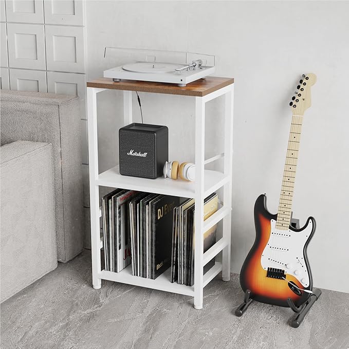 YAKANJ End Table with LED Light,Record Player Stand with Albums Storage,Vinyl Records Storage,Turntable Stand Side Table for Music Room Studio Living Room Bedroom-White