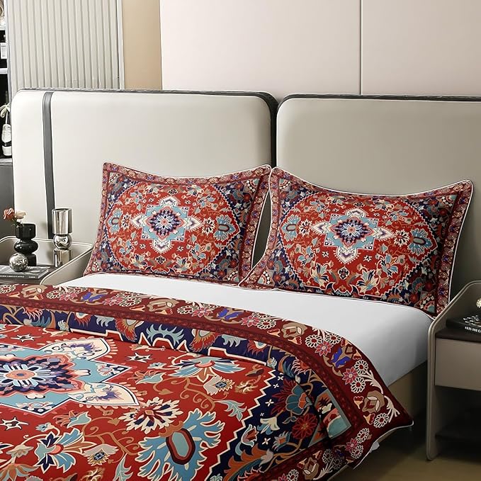 100% Cotton Retro Floral Duvet Cover Queen Tribal Exotic Bedding Set Boho Antique Fashion Retro Red Yellow Comforter Cover Vintage Bohemian Bedroom Decor Fashion Quilt Cover for Women Men