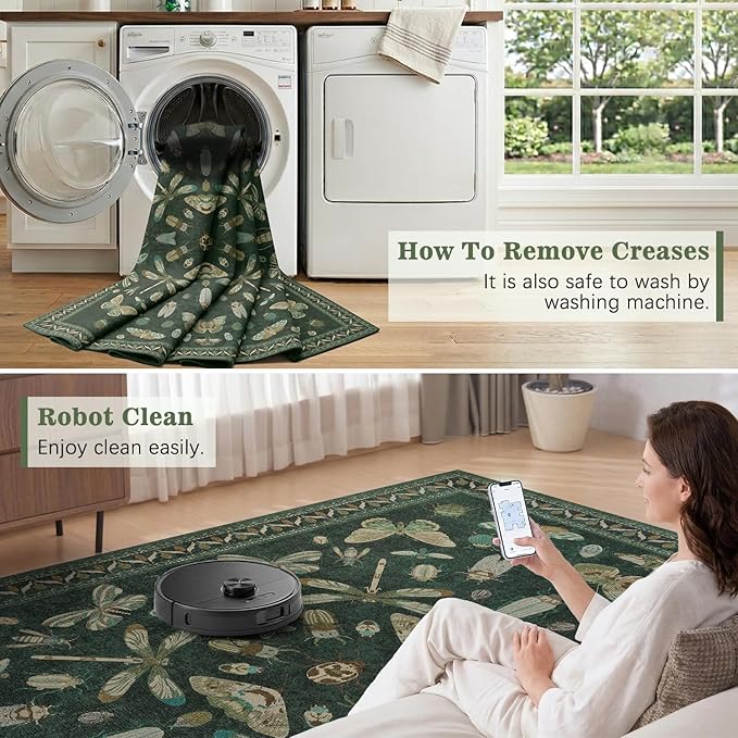 DCX 8x10 Washable Insect Rug, Vintage Gothic Dark Green Rug with Non-Slip Rubber Backing, Soft Low-Pile, Stain-Resistant, Kid & Pet Friendly, for Living Room, Bedroom, Office, and Nature-Themed Decor