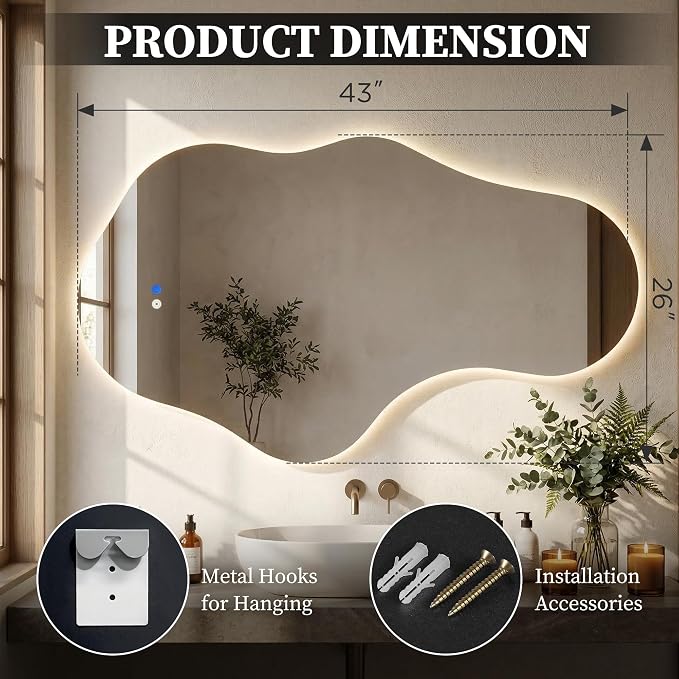 Irregular LED Bathroom Mirror with Lights, Backlit Vanity Mirror for Wall, Asymmetrical Wall Mirror, 3 Color Dimmable Anti-Fog Smart, Decorative Mirror for Bathroom, Entryway(26″ x 43″, 1 Pack)