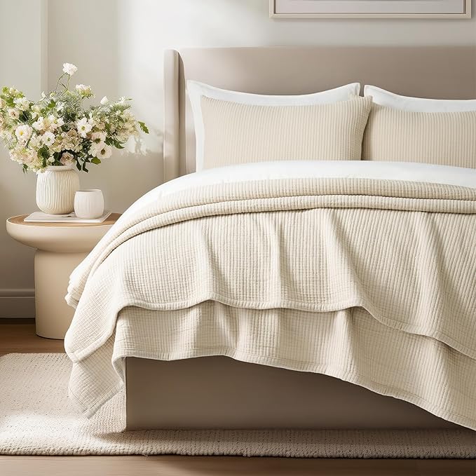EVERGRACEHOME Cotton Gauze Full Queen Bedspread, Ultra Soft Prewashed Pick Stitch Matelassé Coverlet, Lightweight Textured Oversized Queen Quilt Bedding Set for All Season, w/ 2 Shams, Soft Oat