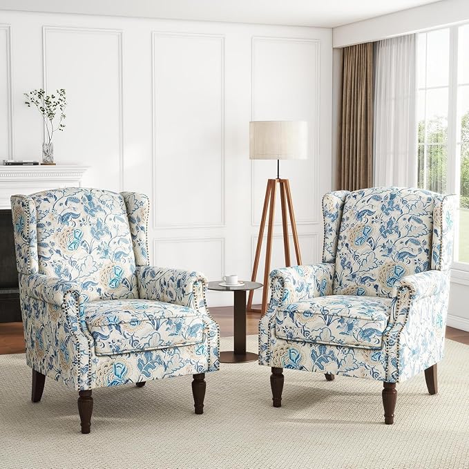 High Back Accent Chairs Set of 2, Floral Wingback Chair Fabric Upholstered Armchair for Living Room, Nailhead Trim Single Sofa Bedroom Reading Seat - Boho Blue
