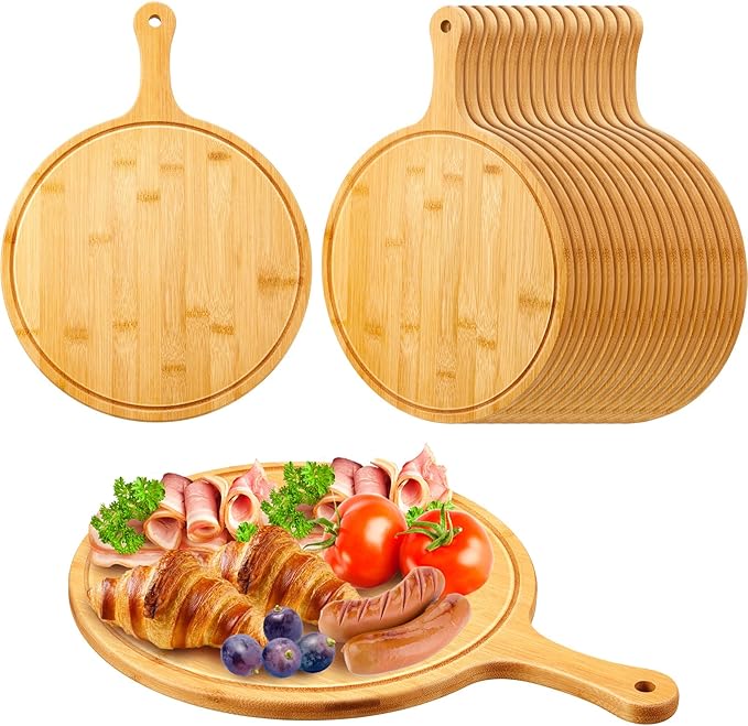 Nuenen 20 Pcs Round Wood Cutting Board with Handle Acacia Bamboo Wooden Serving Kitchen Chopping Boards for Pizza, Bread, Cheese, Charcuterie, Fruit, Vegetables (Bamboo)