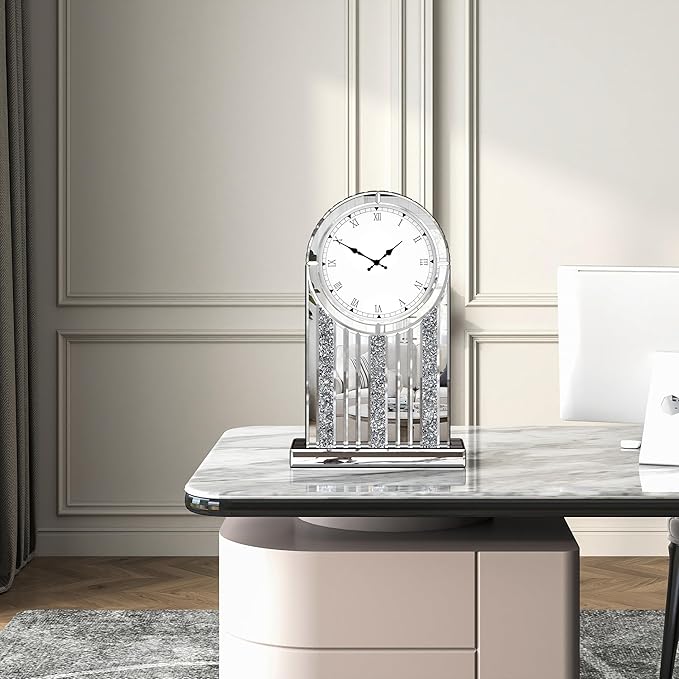 SHYFOY Luxury Mirrored Table Clock, 21.7 Inch Desk Clock with Crystal Accents, Silent Non-Ticking Decorative Desk Clock, Battery Operated, Elegant Living Room, Bedroom, Office Decor