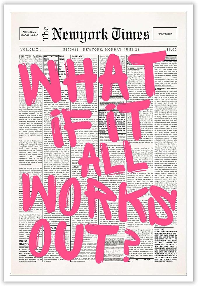 Drimiler Retro Newspaper Pink Font Poster What If It All Works Out Canvas Wall Art Positive Affirming Quote Minimalist Prints Painting For Home Bedroom Dorm Wall Decor 12x16in Unframed