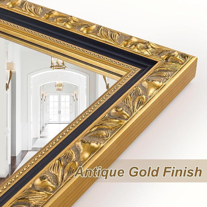 Large Antique Wall Decorative Mirror, 46'' x 22'' Black Gold Retro Wall Decor Mirror, Rectangular Vintage Gold Mirrors for Bathroom, Entryway, Dining Room, Fireplace