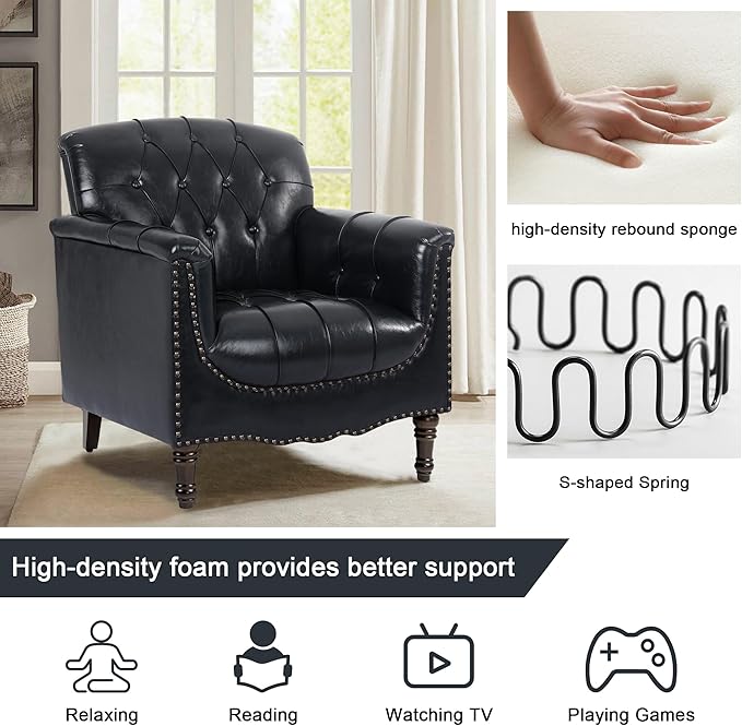 Lumibee Faux Leather Accent Chairs Set of 4, Upholstered Armchairs with Nailhead Trims & Wood Legs for Living Room, Bedroom, Contemporary Comfy Club Chairs for Office-Blue Black