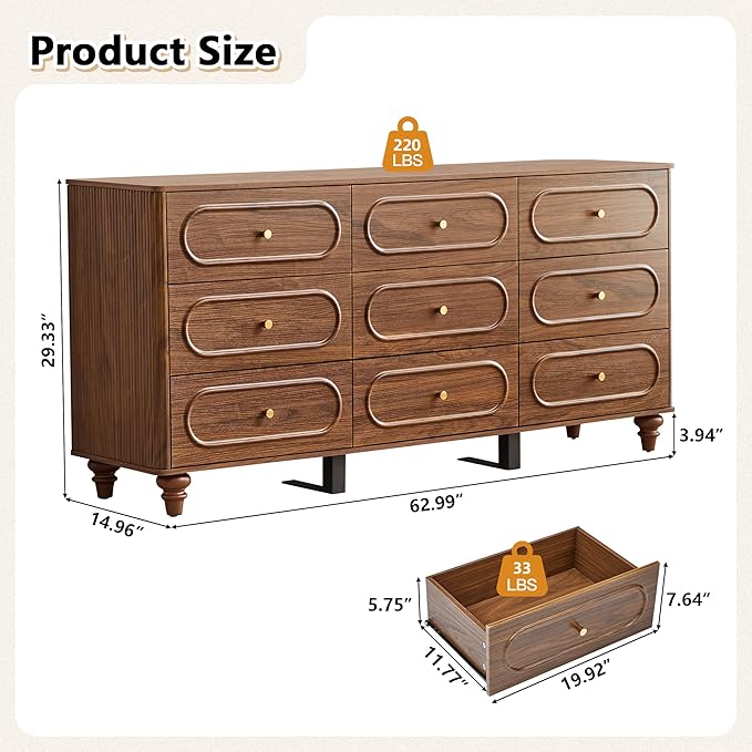 ORRD 9 Drawer Fluted Dresser for Bedroom, Mid Century Modern Chest of Drawers, Wood Storage Small Dresser Organizer for Bedroom Living Room Hallway Closet, Walnut