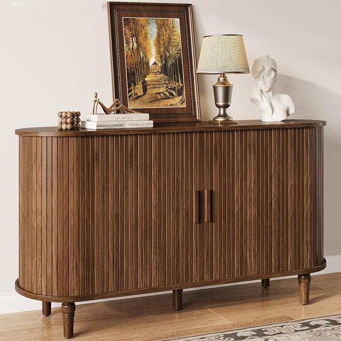 Sideboard Buffet Cabinet with Storage - Accent Kitchen Credenza Console Table with Sliding Door & Adjustable Shelf, Fluted Coffee Bar Sideboards for Living Room, Dining Room, Entryway, Walnut
