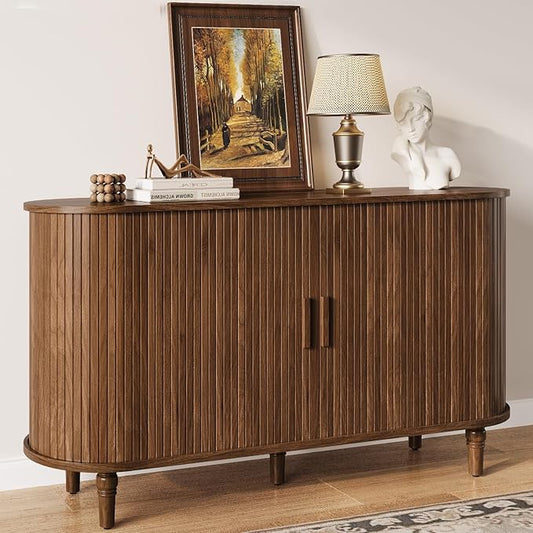 Sideboard Buffet Cabinet with Storage - Accent Kitchen Credenza Console Table with Sliding Door & Adjustable Shelf, Fluted Coffee Bar Sideboards for Living Room, Dining Room, Entryway, Walnut