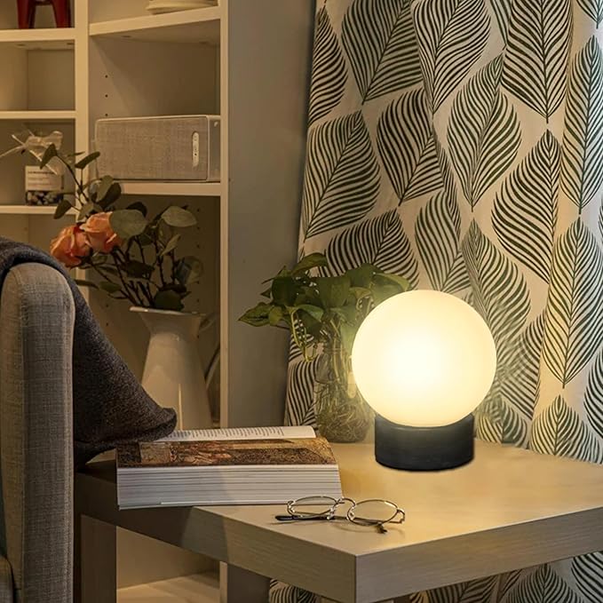 FLORNIA Globe Tble Lamp, Modern Industrial Round Table Lamp, Unique Bedside Nightstand Desk Lamp with Glass Shade and Marble Base for Bedroom, Living Room, Office Study, Decoration (Include Bulb G45)