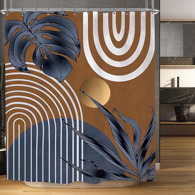 Yookeb Abstract Navy Blue Brown Bathroom Shower Curtain 60W by 71H Inch Modern Minimalist Mid Century Plant Leaves Aesthetic Neutral Vintage Contemporary 12 Plastic Hooks Waterproof Decor