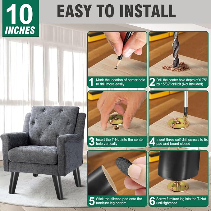 FoDau770 Black Rubber Wood Furniture Legs 10 Inches, Slant Tapered Wood Feet Mid Century Sofa Legs Set of 4, 5/16" UNC Furniture Feet Replacement Parts for Cabinet Couch Dresser Chair Ottoman Table