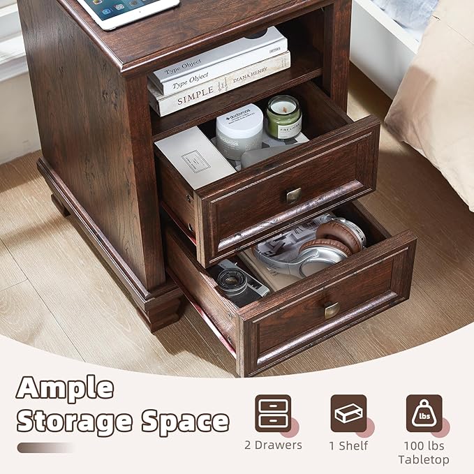 Farmhouse Nightstand with Charging Station, Rustic Brown Nightstand, 2 Drawers End Table, Bedside Table with Open Shelf for Bedroom, Walnut