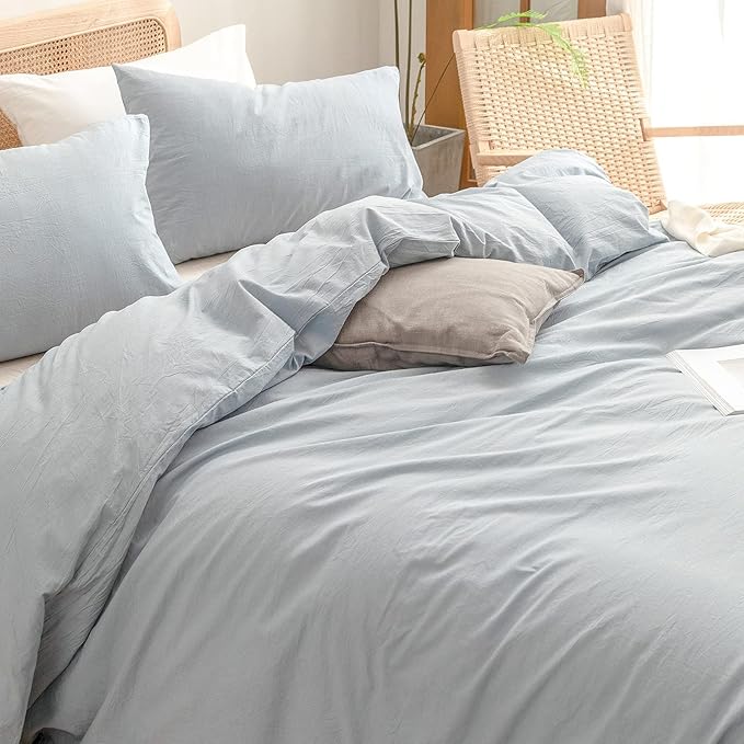 BESTOUCH Duvet Cover Set 100% Washed Cotton Linen Feel Super Soft Comfortable Chic Lightweight 3 PCs Home Bedding Set Solid Cornflower Blue Super Queen