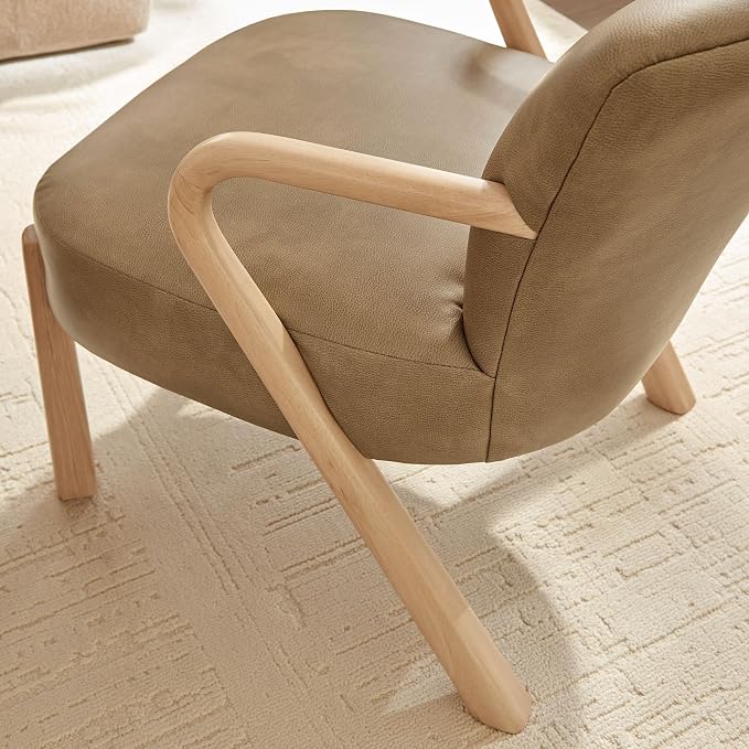 Modway Arden Faux Leather Upholstered Accent Armchair in Toast – Mid-Century Modern Lounge Chair with Curved Wood Frame