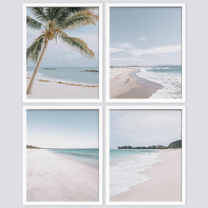 SIGNWIN Framed White Beach Shore Tropical Palm Tree Island Wall Art, Set of 4 Landscape Colorful Wall Decor Prints, Nature Wilderness Wall Décor for Living Room, Bedroom - 8"x10" White