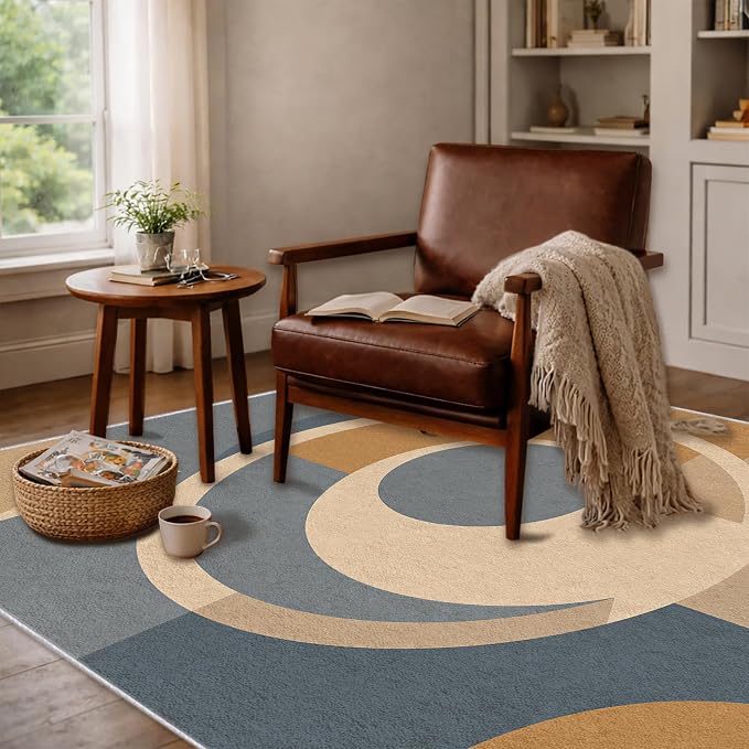 Mid Century Area Rug 6x9, Home Decor | Dusty Blue Camel Mod Orbit, Modern Abstract Circle Rug for Living Room, Bedroom, Home Office, Non Slip, Washable, Low Pile