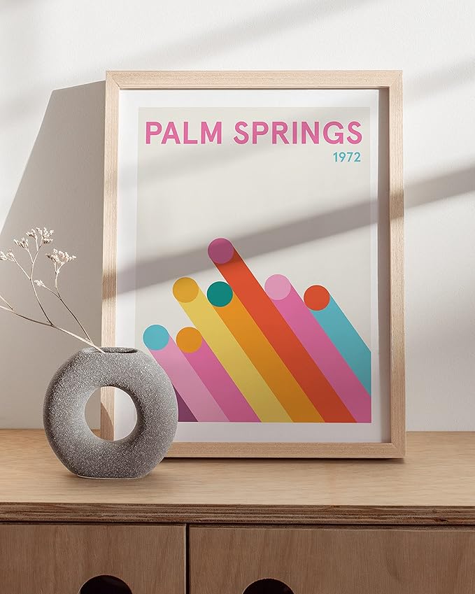 HAUS AND HUES Retro Vintage Poster: Pink Abstract Aesthetic Picture, Colorful Modern City Wall Art, Danish Travel Art Print, Bright Geometric Wall Decor (Beige Frame, 12x16)