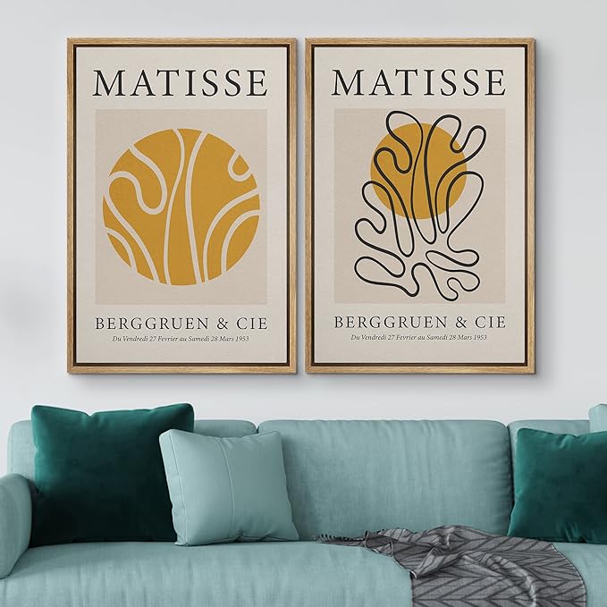 IDEA4WALL Framed Canvas Print Wall Art Set Matisse Yellow Geometric Wave Floral Collage Abstract Shapes Illustrations Modern Art Decorative for Living Room, Bedroom, Office - 16"x24"x2 Natural