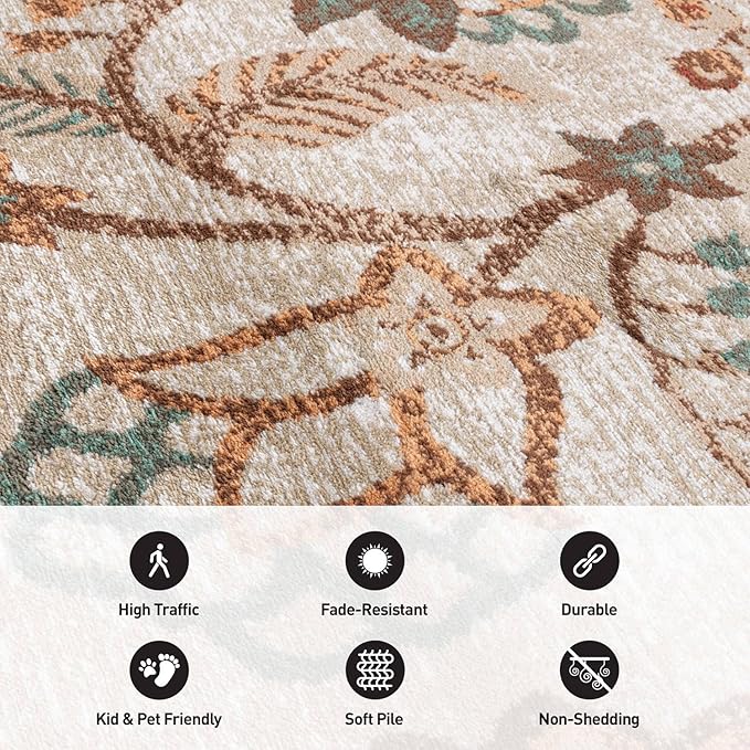 Rugshop Beige Floral Area Rug 4x6- Vintage Botanical Indoor Carpet for Living Room, Bedroom, or Dining Room – Non-Shedding, Soft Low-Pile Traditional Rug 4' x 6'