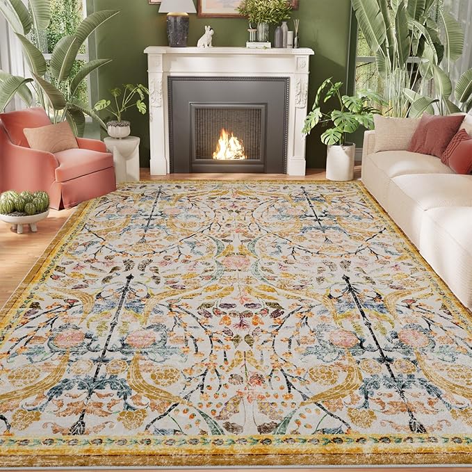 AMTOVO 6x9 Washable Area Rugs for Living Room, Non-Slip Large Soft Boho Floral Vintage Accent Print Carpet for Bedroom Dorm Nursery Room Dining Room Farmhouse Home Office, Golden Yellow