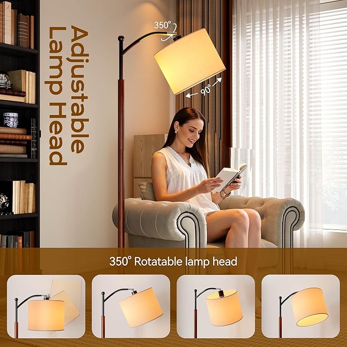 Arc Wood Floor Lamp, Corner Modern Mid Century Lamp with Linen Shade & Marble Base, Floor Lamp for Reading - Adjustable Standing Light for Living Room, Bedroom and Home Office, Walnut