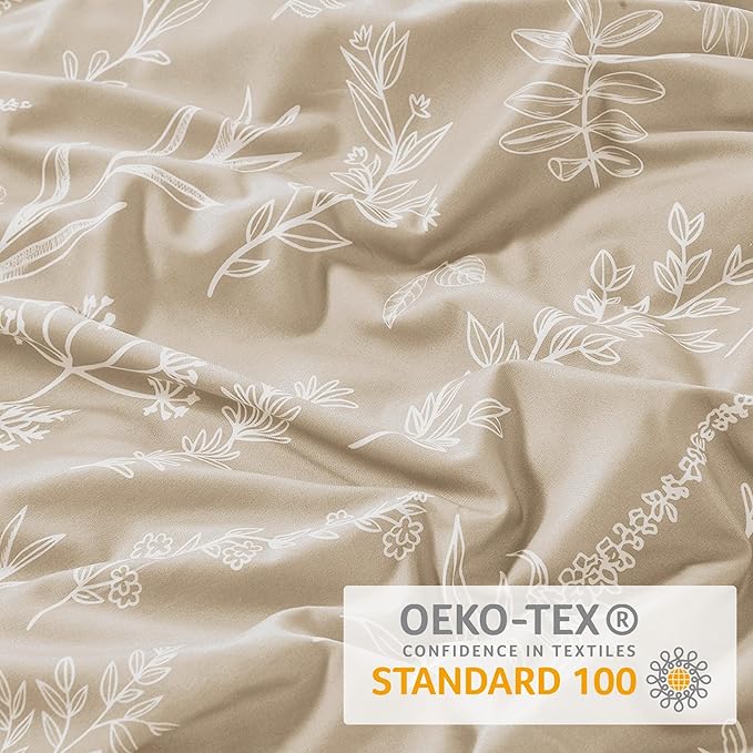 MUXHOMO Duvet Cover Queen Size, Reversible Floral Beige Duvet Cover Set with Zipper Closure, 3 Pieces Botanical Patterns Soft Microfiber Bedding Set with 4 Ties (90"x90", 2 Pillow Cases)