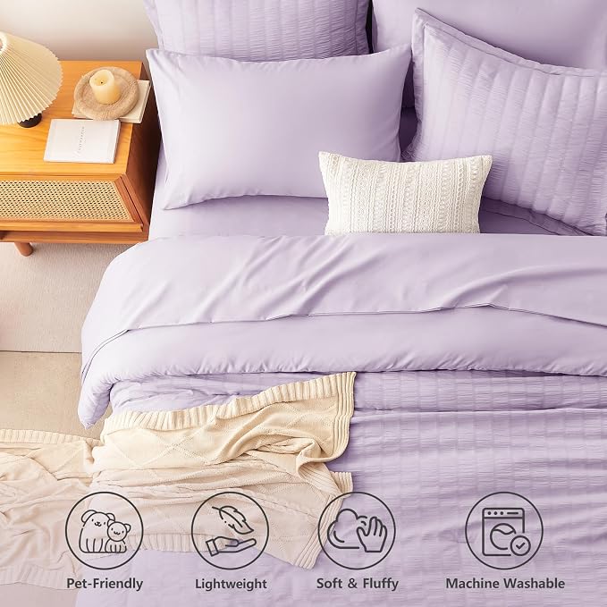 CozyLux Full Size Comforter Sets Light Purple, 7 Pieces Seersucker Textured Luxury Bed in a Bag Lavender, All Season Bedding Set with Down Alternative Comforter, Sheets, Pillowcases & Shams, Home Gift