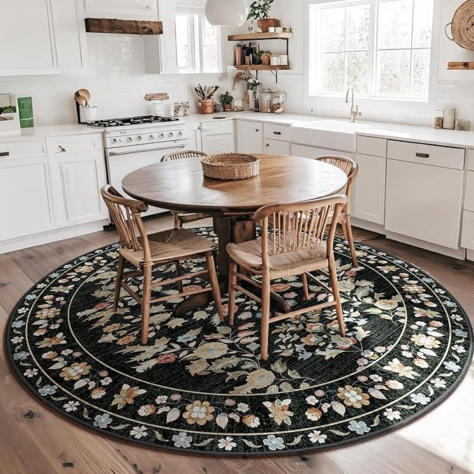 MUJOO Round Rugs 6ft,Black Circle Area Rug Washable,Circular Rugs for Living Room Bedroom,Large Boho Non Slip Throw Carpet Vintage Floral