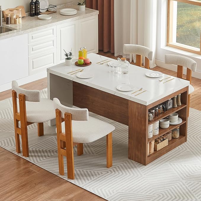 ONBRILL Dining Table for 4 with LED Lights & Power Outlet (61"* 31" Whole Board of Tabletop), Modern Imitation Marble Kitchen Dinner Table with Storage Space for Dining Room (White)