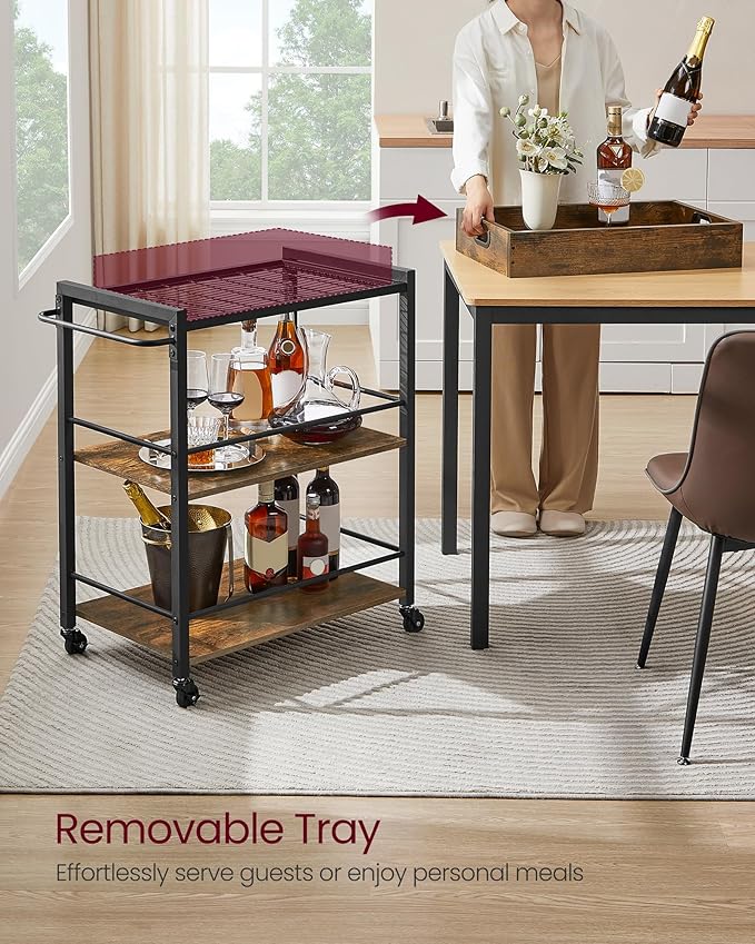 VASAGLE Kitchen Serving Cart with Removable Tray, 3-Tier Kitchen Utility Cart on Wheels with Storage, with Brakes, Leveling Feet, 15.7 x 28.3 x 33.9 Inches, Rustic Brown and Black ULRC72X
