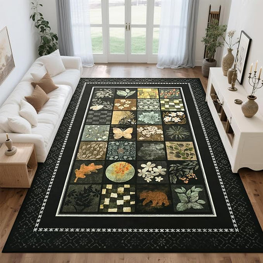 Tepook 8x10 Area Rugs for Living Room, Modern Large Geometric Rug for Bedroom, Washable Patchwork Rug Indoor Non Slip Throw Carpets for Dining Room Office Farmhouse Home Decor, Black