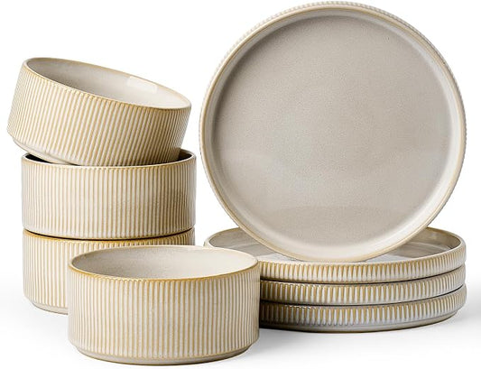 8-Piece Plates and Bowls Sets for 4, Cappuccino White | Handcrafted reactive glaze stoneware dinnerware. Chip & scratch resistant. Microwave & dishwasher safe. Everyday/formal use.
