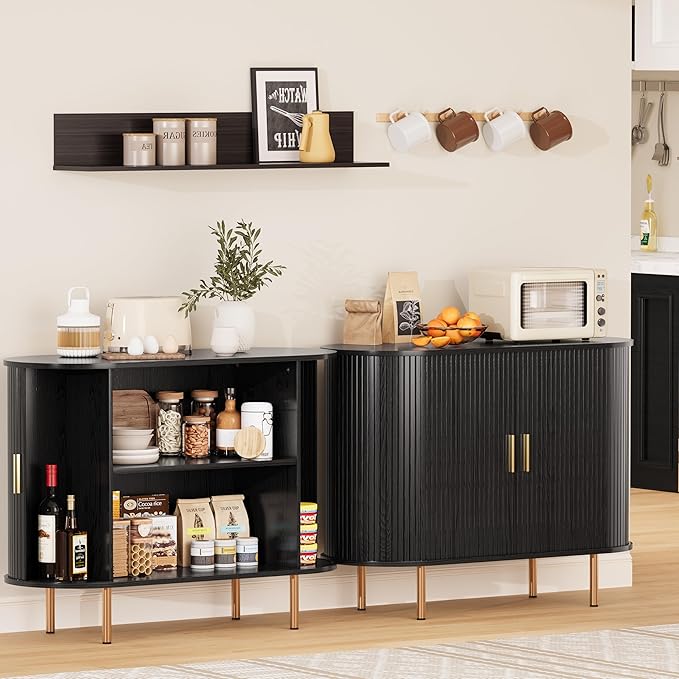 DHH Sideboard Buffet Cabinet with Storage,Mid Century Modern Fluted Accent Coffee Bar Console Table,Tambour Sliding Doors& Adjustable Shelf for Kitchen, Living Room, Entryway (Black, 40 Inch)