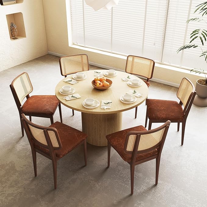 47 Inch Round Dining Table, Farmhouse Fluted Dining Kitchen Table, Modern Wood Small Circle Dining Table for Kitchen Living Room, Natural