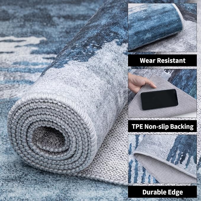 Ciicool 4ft Round Washable Rug, Modern Abstract Circle Rugs, Non-Slip Thin Low-Pile Rug Navy Grey Circular Print Distressed Carpet for Bedroom Living Room Under Dining Table Home Office Decor