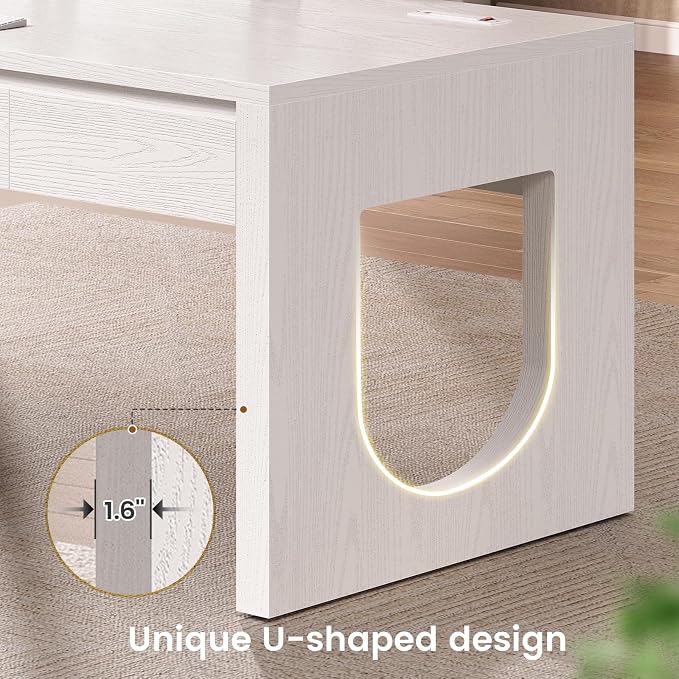 SEDETA 55" Office Desk with 3 Drawers, Modern Executive Desk with U-Shaped Legs, Wood Computer Desk with Power Outlet, Home Office Desks with Relief Texture, White