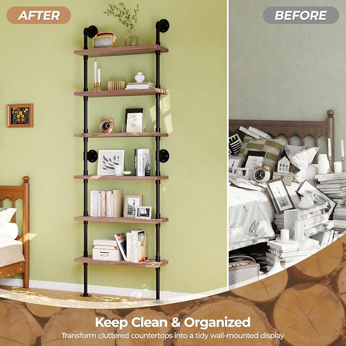 Pipe Industrial Shelves, Wall Mounted Wood Metal Ladder Rustic Bookshelf (Weathered Brown, 6 Tier - 10" D x 30" W x 82.5" H)