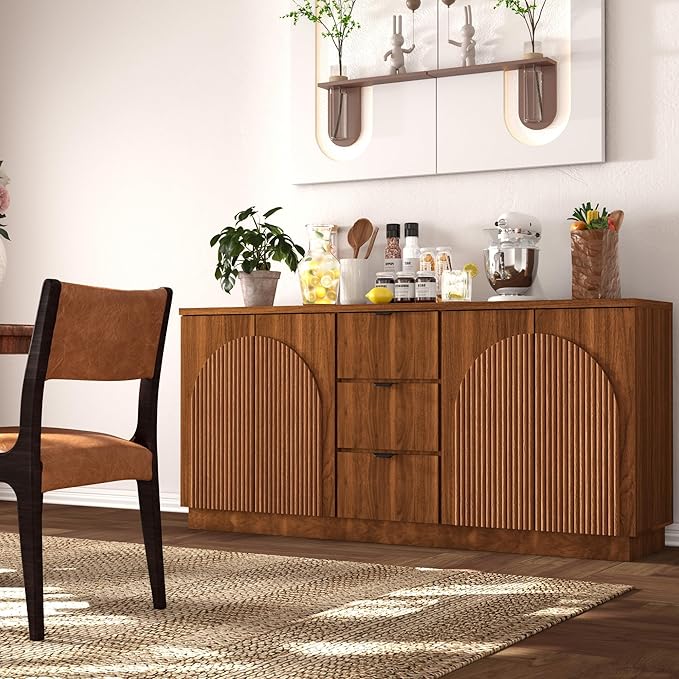 Brafab 67" Mid Century Modern Style Storage Sideboard with 4 Arched Reeded Design Doors and 3 Drawers with Adjustable Shelves, Suitable for Living Rooms, Studies and Dining Rooms (Walnut, 1 PCS)
