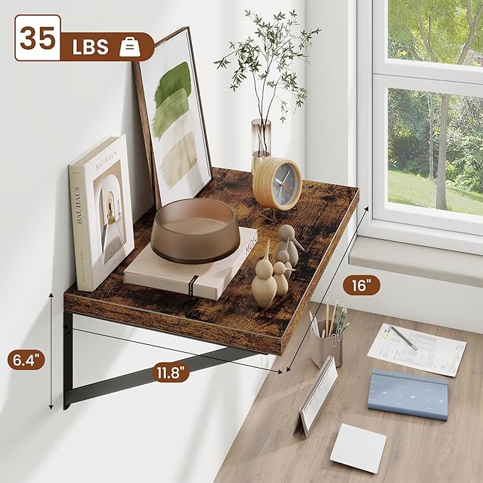 Deep Wall Shelves 16"W x 12"D Engineered Wood Floating Shelves for Wall, Sturdy Metal Bracket Bookshelves Home Decor Storage for Living Room Bedroom Bathroom Kitchen, Set of 2, Rustic Brown Finish