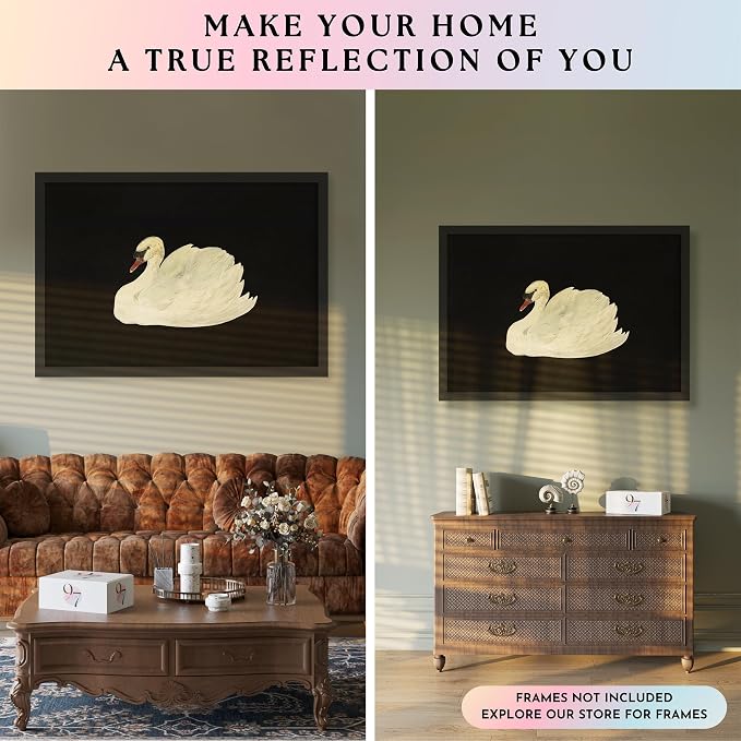 97 Decor Extra Large Vintage Wall Art For Living Room Unframed - 24x36 Big Vintage Pictures Wall Decor, Classic Animal Swan Print, Fine Art Paintings Moody Artwork French Decorations For Bathroom Bedroom