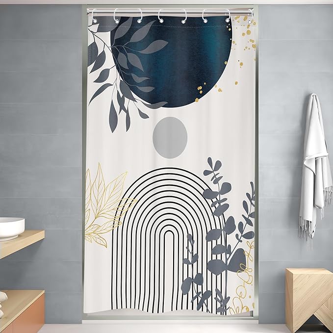 Riyidecor Navy Blue Small Stall Narrow Boho Modern Shower Curtain for Bathroom Decor 48Wx72H Mid Century Bohemian Palm Leaves Minimalist Art Printed Fabric Polyester Waterproof 8 Pack Plastic Hooks