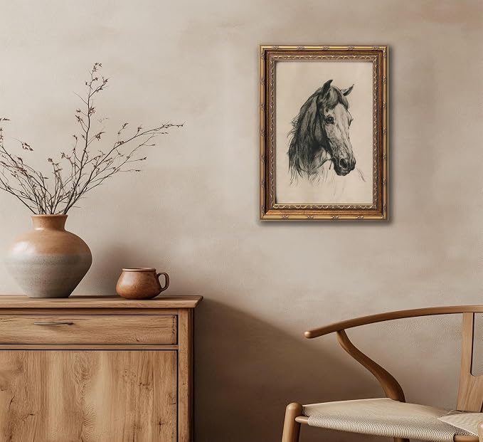 Vintage Gold Framed Horse Sketch Canvas Wall Art Retro Horse Wall Decor Vintage Farmhouse Animals Sketch Print Artwork Retro Rustic painting Picture for Farmhouse Bedroom Living Room 16X24in
