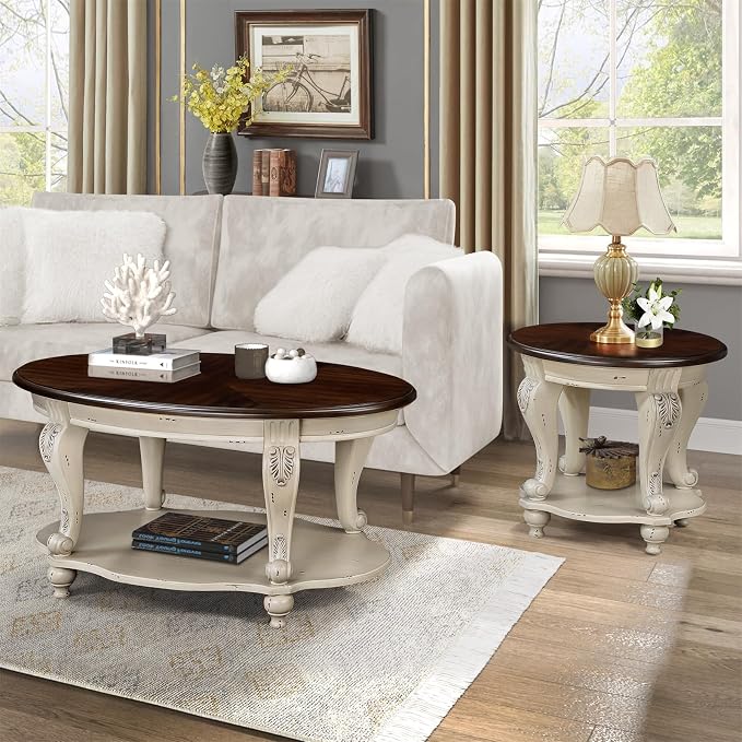 42'' Oval Wood Coffee Table for Living Room, Mid Century Farmhouse Circle Coffee Tables for Apartment, Easy Assembly Traditional Coffee Table Centre Table Retro Cocktail Table, Beige&Cherry