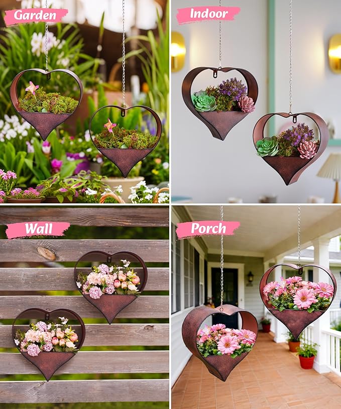 Metal Plant Hangers Indoor and Outdoor: Valentines Day Gifts for Her Wife Women Mom Garden Lovers Birthday - Heart Shape Hanging Planters for Window Wall Living Room Office Decor(2 Pack)