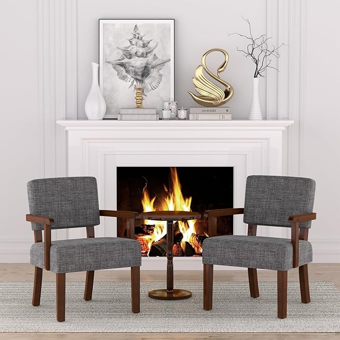 Accent Chair,Armchairs with Solid Wood Frame and Legs,Upholstered Reading Leisure Chair for Bedroom,Office,Waiting Room (Linen, Gray, One Chair)