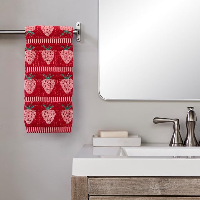 SKL Home Strawberry Jacquard 100% Cotton 2pc Hand Towel Set, Reversible & Decorative for Bath/Kitchen/Bar & Gift, Red